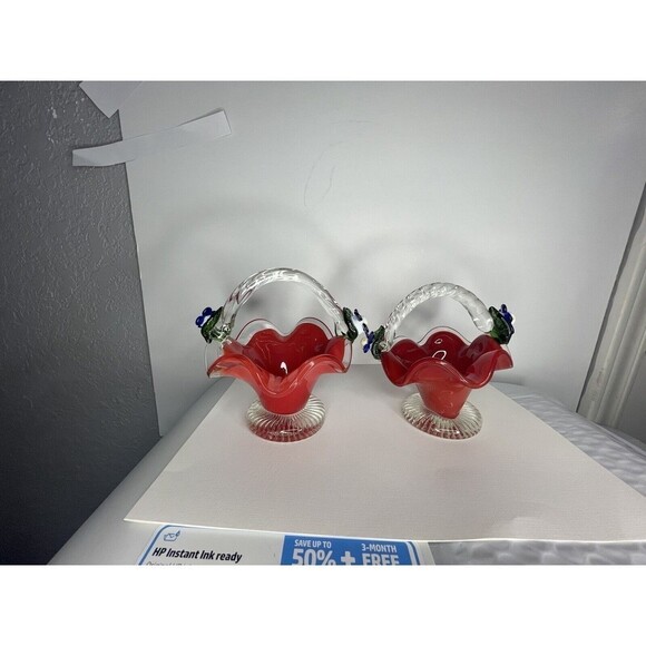 Vintage Art Glass Red Clear Basket Applied Blue Flowers Beautiful 2 Baskets - Picture 2 of 9